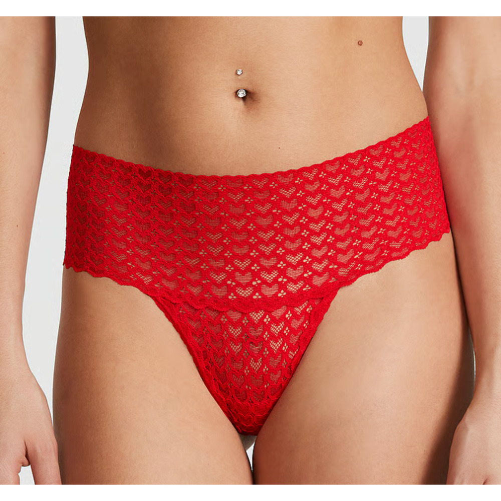 Victoria's Secret PINK Wink Wide Waist Thong Panty RED Lace - Size SMALL
